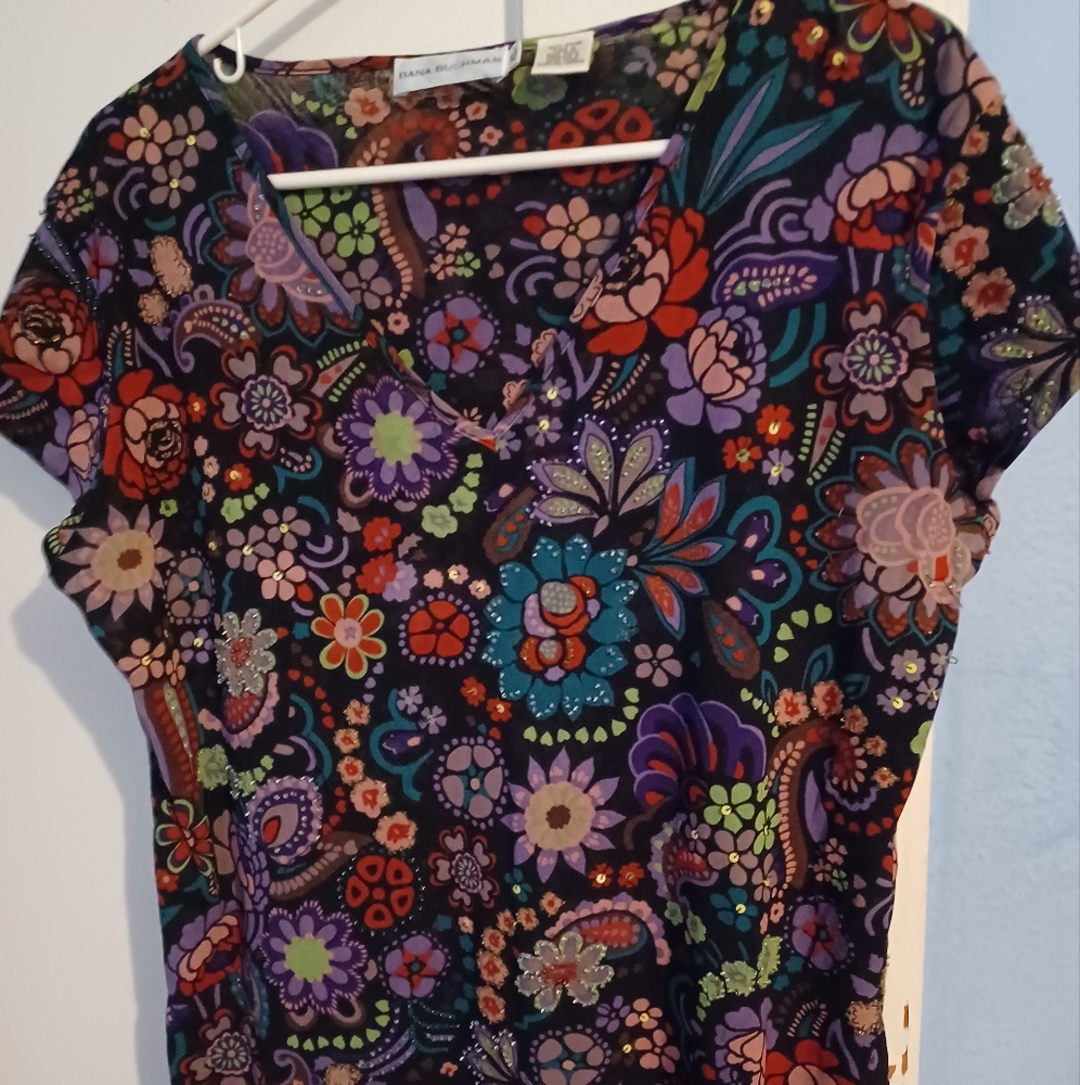 Dana Buchman Embellished black semi-sheer black top